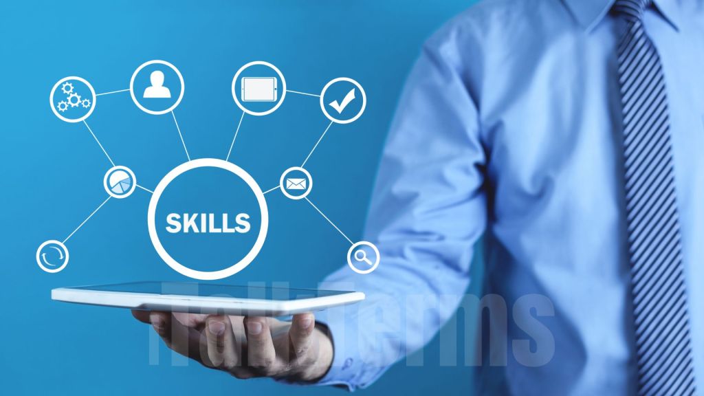 Business skills.  with iTalkTerms.A person holding a tablet with icons representing various skills like communication, tools, and tasks displayed against a blue background.